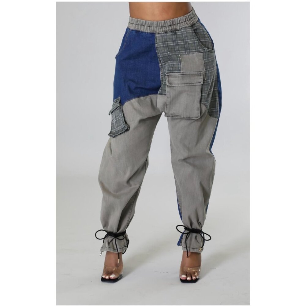 NWT Womens Utility Chic Cargo Pants High Waist Two-Toned Blue Stretchy Pull On L